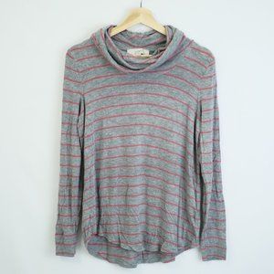 LOFT Cowl Neck Tee T-Shirt Long Sleeve Round Hem, Gray Pink Striped, Women S